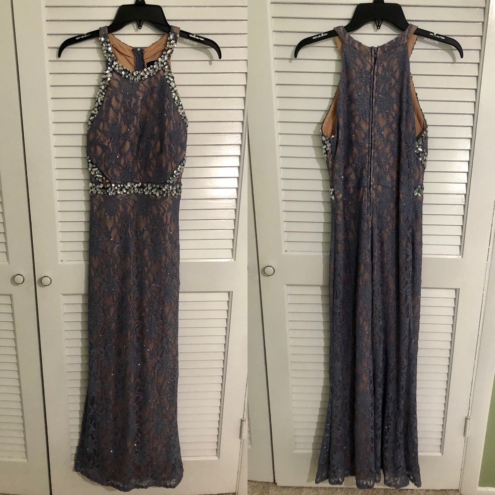 Sparkly Purple Lace Evening Dress with Rhinestones
